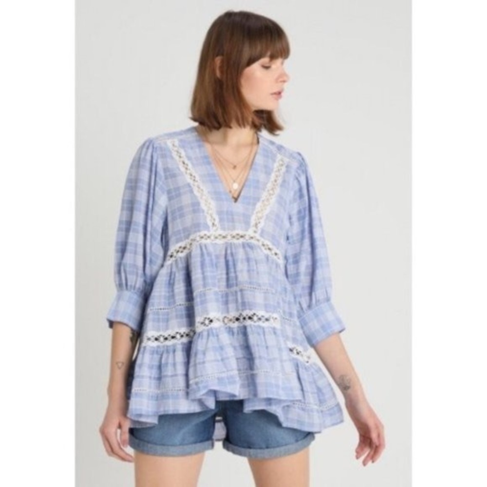 Free People Time Out Lace Chambray Combo Top Size XS